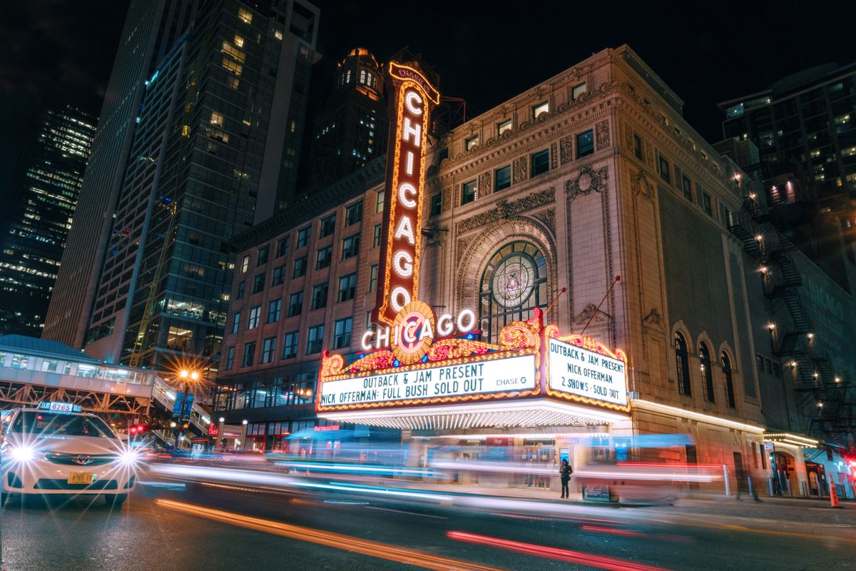 Chicago Theatre marquee illuminated at night